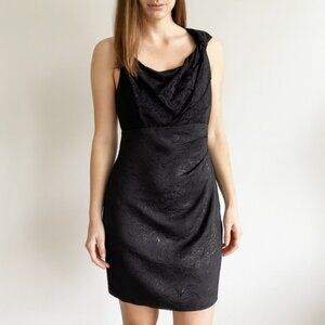 Karen Millen UK 10 Metallic Jacquard Black Lace Chiffon Drape Dress, Women US 6